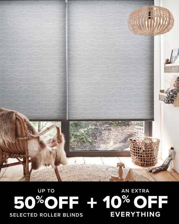 Grey patterned roller blind over sliding doors - up to 50% off selected roller blinds plus an extra 15% off everything