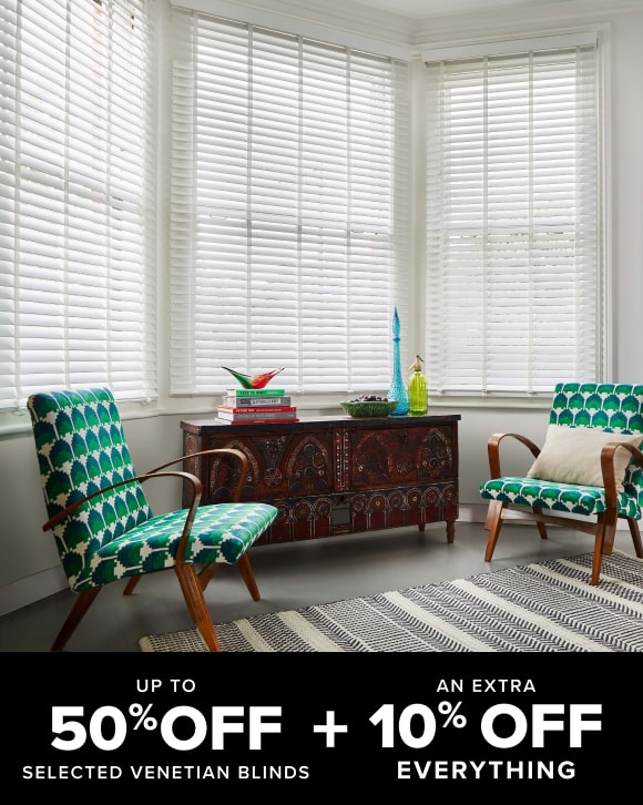 White faux wood venetian blinds with white tapes in living room bay window - up to 50% off selected Venetian blinds plus an extra 15% off everything