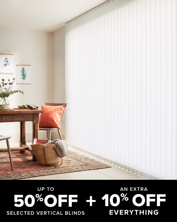 White vertical blinds in a dining room - up to 50% off selected vertical blinds plus an extra 15% off everything